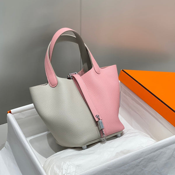 HERMES 25S PICOTIN LOCK 18 IN PINK AND LIGHT GRAY CALFSKIN SILVER HARDWARE
