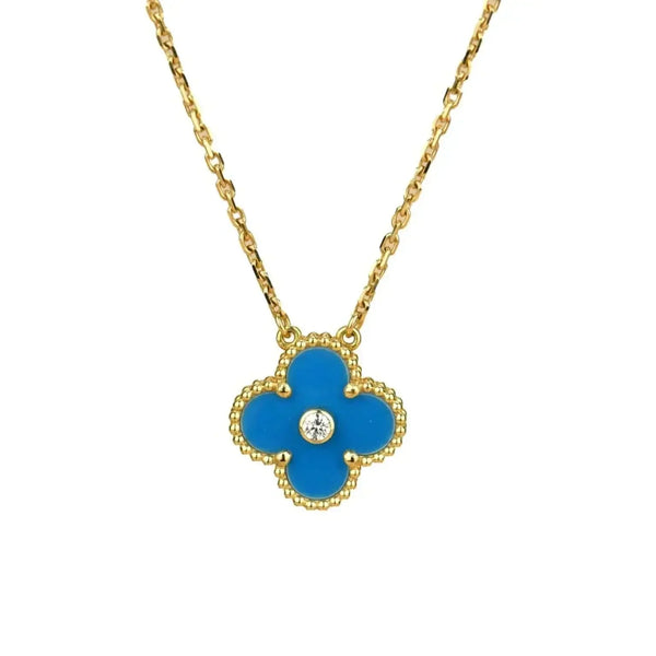 ˇShiny JewelryˇCLOVER 15MM DIAMOND AND BLUE AGATE NECKLACE