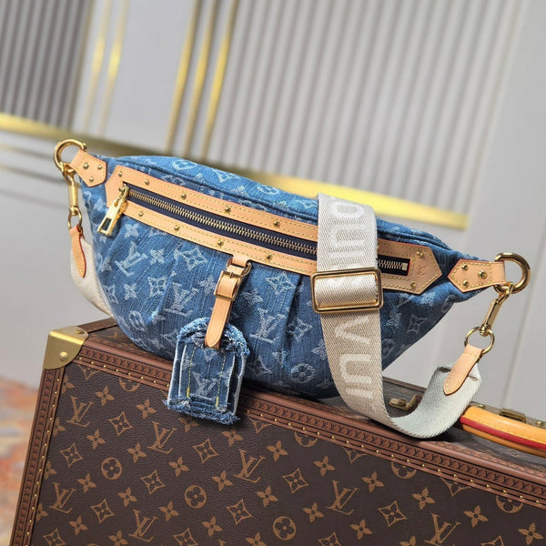 LV 25S BUMBAG 38 IN BLUE MONOGRAM DENIM LEATHER TRIM GOLD HARDWARE