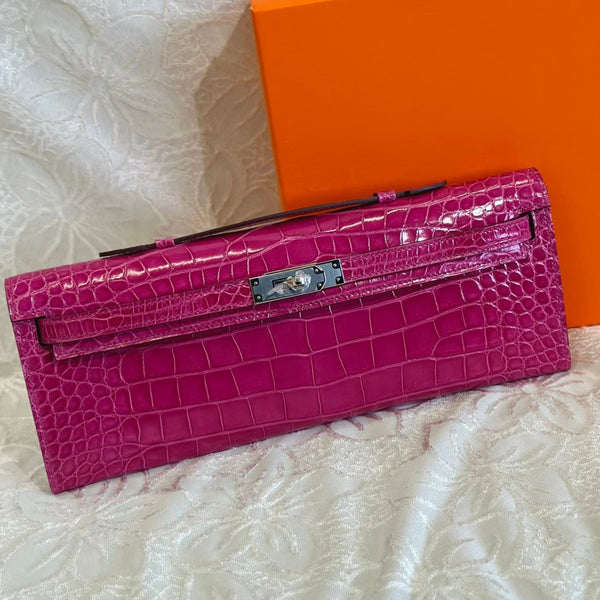 KELLY CUT 31 IN MAGENTA PURPLE SHINNY ALLIGATOR LEATHER WITH SILVER HARDWARE (MADE-TO-ODER)