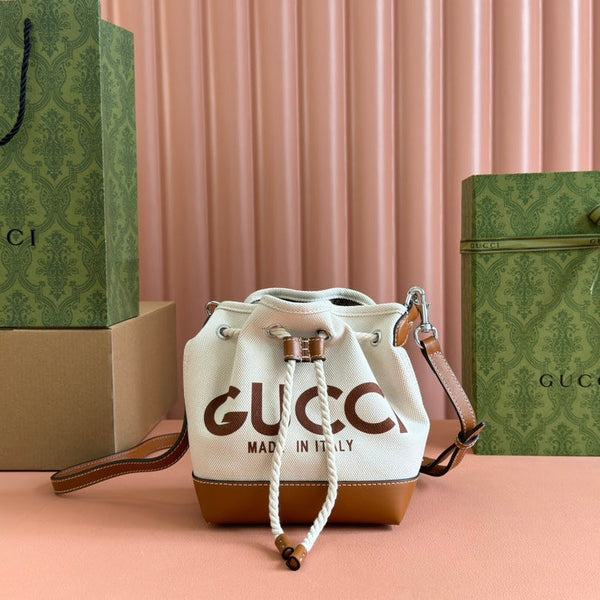 SMALL DRAWSTRING SHOULDER BAG 21 IN WHITE CANVAS BROWN CALFSKIN