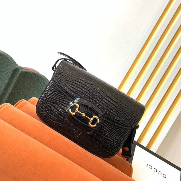 GG 1955 Horsebit Bag 25cm Black Crocodile Leather Gold Hardware